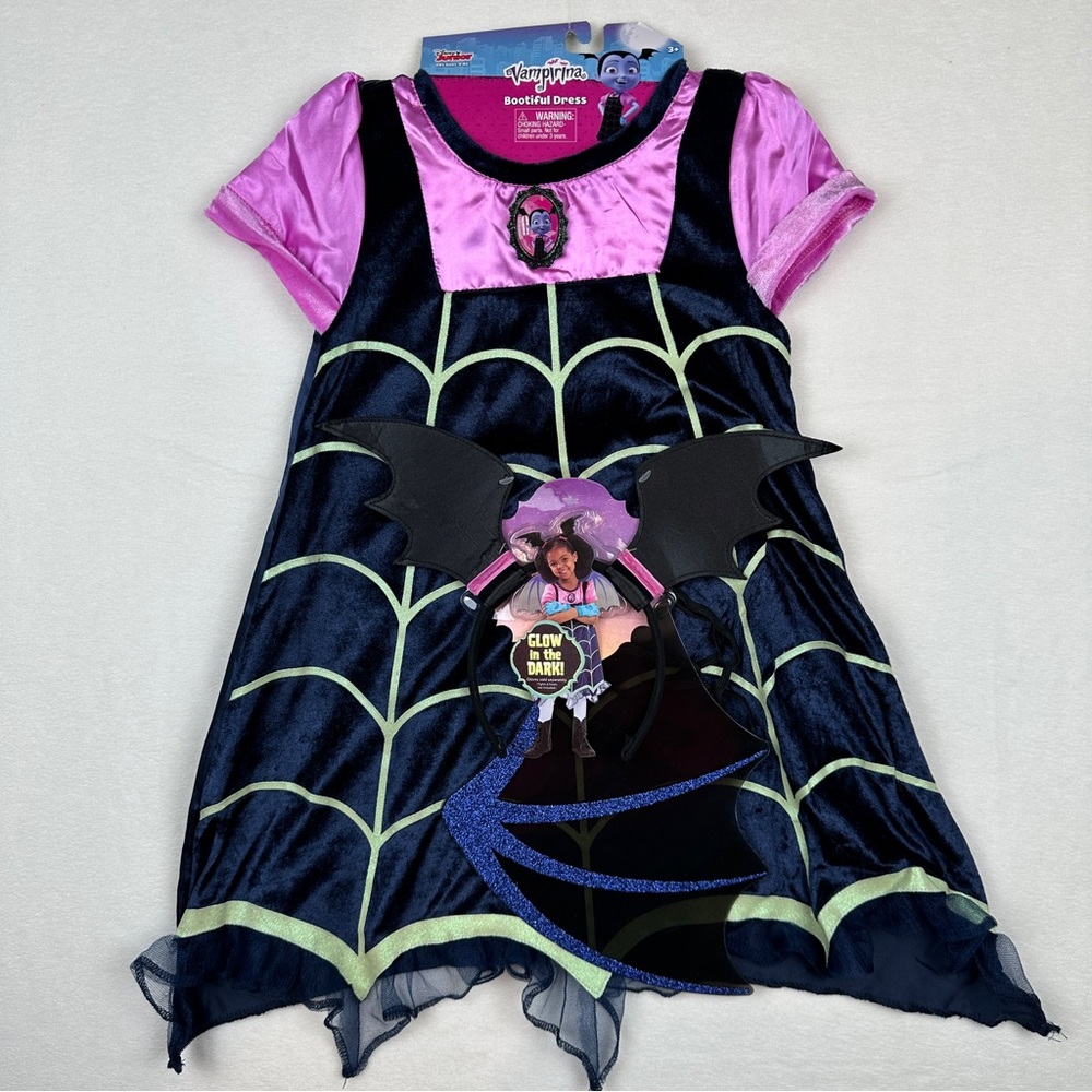 Girls Vampirina Costume Size 4-6X Bootiful Dress, Wings & Headband Glow In Dark